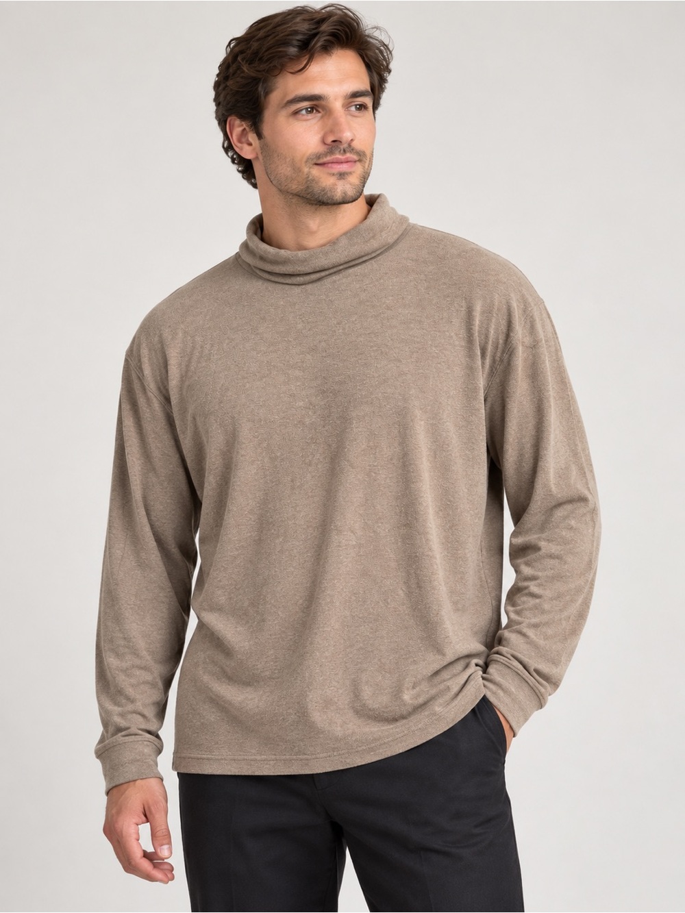 John Ashford Men’s Mock Neck Long-Sleeve Shirt Taupe XL Tall